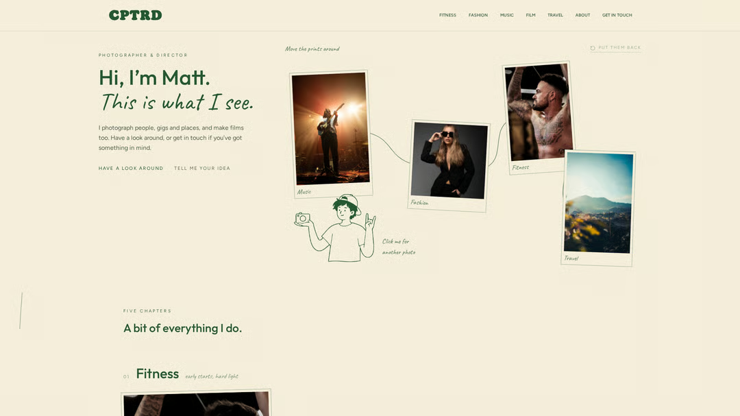 Captured by Matt homepage with green typography and a collage of photography
